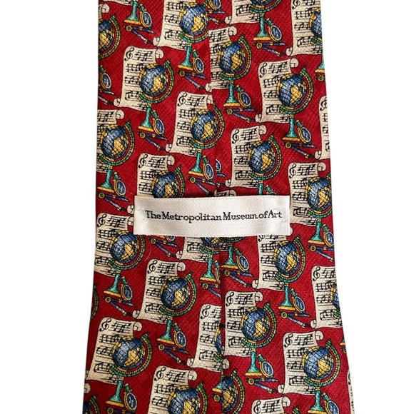 The Metropolitan Museum of Art Sheet Music World Globe Print Silk Red Neck Tie - Picture 3 of 7